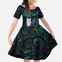 New Zealand Aotearoa Family Matching Long Sleeve Bodycon Dress and Hawaiian Shirt Maori Tane Te Waiora Paua Shell Glitter Turquoise LT05 Daughter's Dress Turquoise - Polynesian Pride