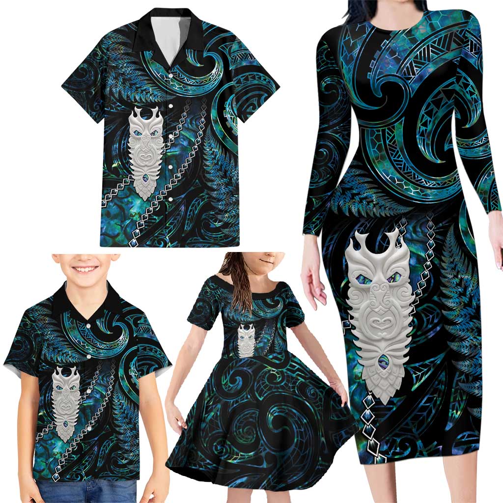 New Zealand Aotearoa Family Matching Long Sleeve Bodycon Dress and Hawaiian Shirt Maori Tane Te Waiora Paua Shell Glitter Turquoise LT05 - Polynesian Pride
