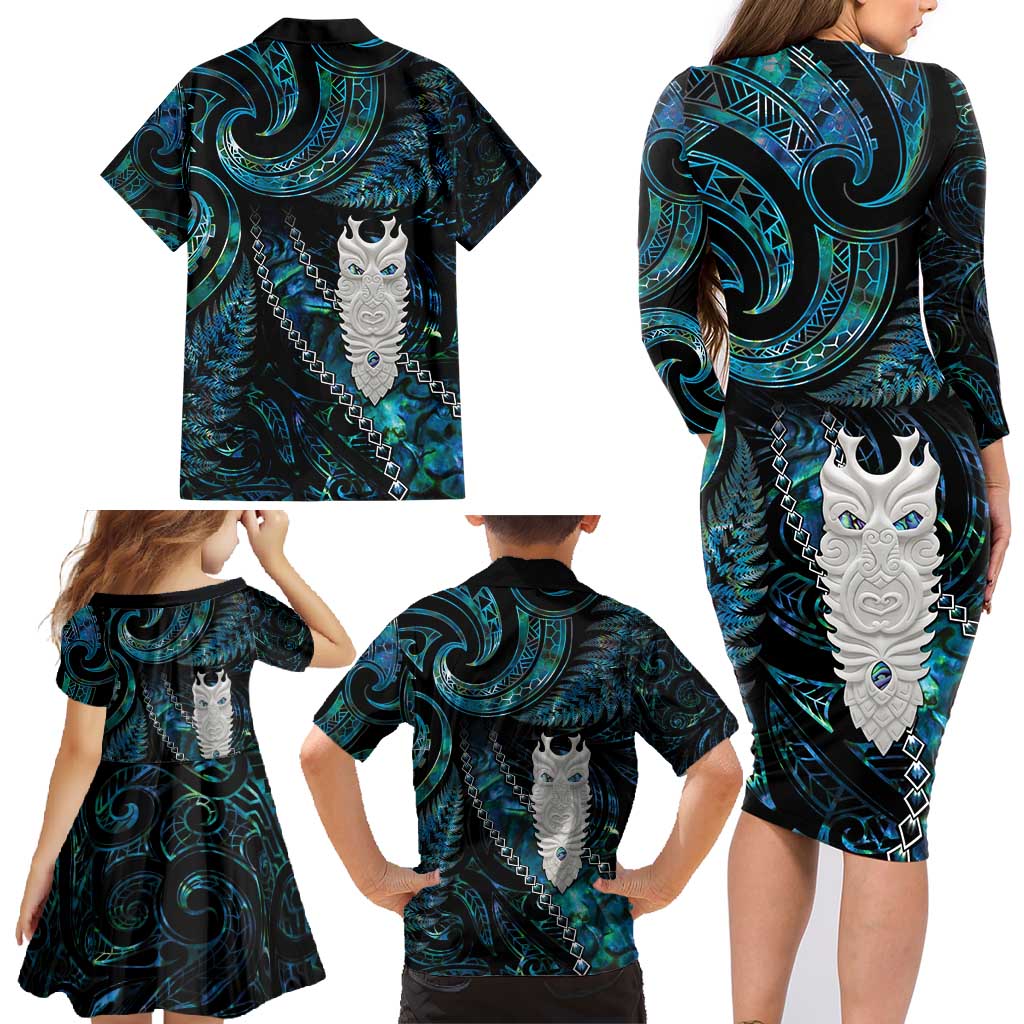 New Zealand Aotearoa Family Matching Long Sleeve Bodycon Dress and Hawaiian Shirt Maori Tane Te Waiora Paua Shell Glitter Turquoise LT05 - Polynesian Pride