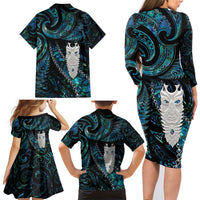New Zealand Aotearoa Family Matching Long Sleeve Bodycon Dress and Hawaiian Shirt Maori Tane Te Waiora Paua Shell Glitter Turquoise LT05 - Polynesian Pride