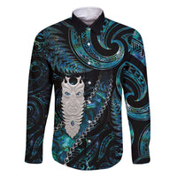 New Zealand Aotearoa Family Matching Long Sleeve Bodycon Dress and Hawaiian Shirt Maori Tane Te Waiora Paua Shell Glitter Turquoise LT05 Dad's Shirt - Long Sleeve Turquoise - Polynesian Pride