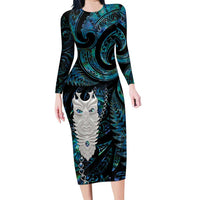 New Zealand Aotearoa Family Matching Long Sleeve Bodycon Dress and Hawaiian Shirt Maori Tane Te Waiora Paua Shell Glitter Turquoise LT05 Mom's Dress Turquoise - Polynesian Pride