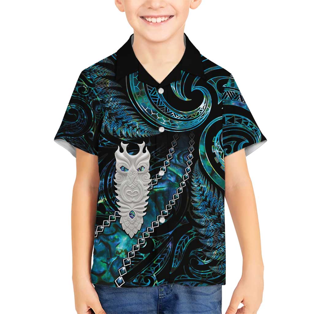 New Zealand Aotearoa Family Matching Long Sleeve Bodycon Dress and Hawaiian Shirt Maori Tane Te Waiora Paua Shell Glitter Turquoise LT05 Son's Shirt Turquoise - Polynesian Pride