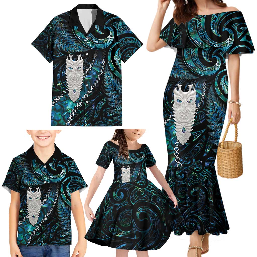 New Zealand Aotearoa Family Matching Mermaid Dress and Hawaiian Shirt Maori Tane Te Waiora Paua Shell Glitter Turquoise LT05 - Polynesian Pride