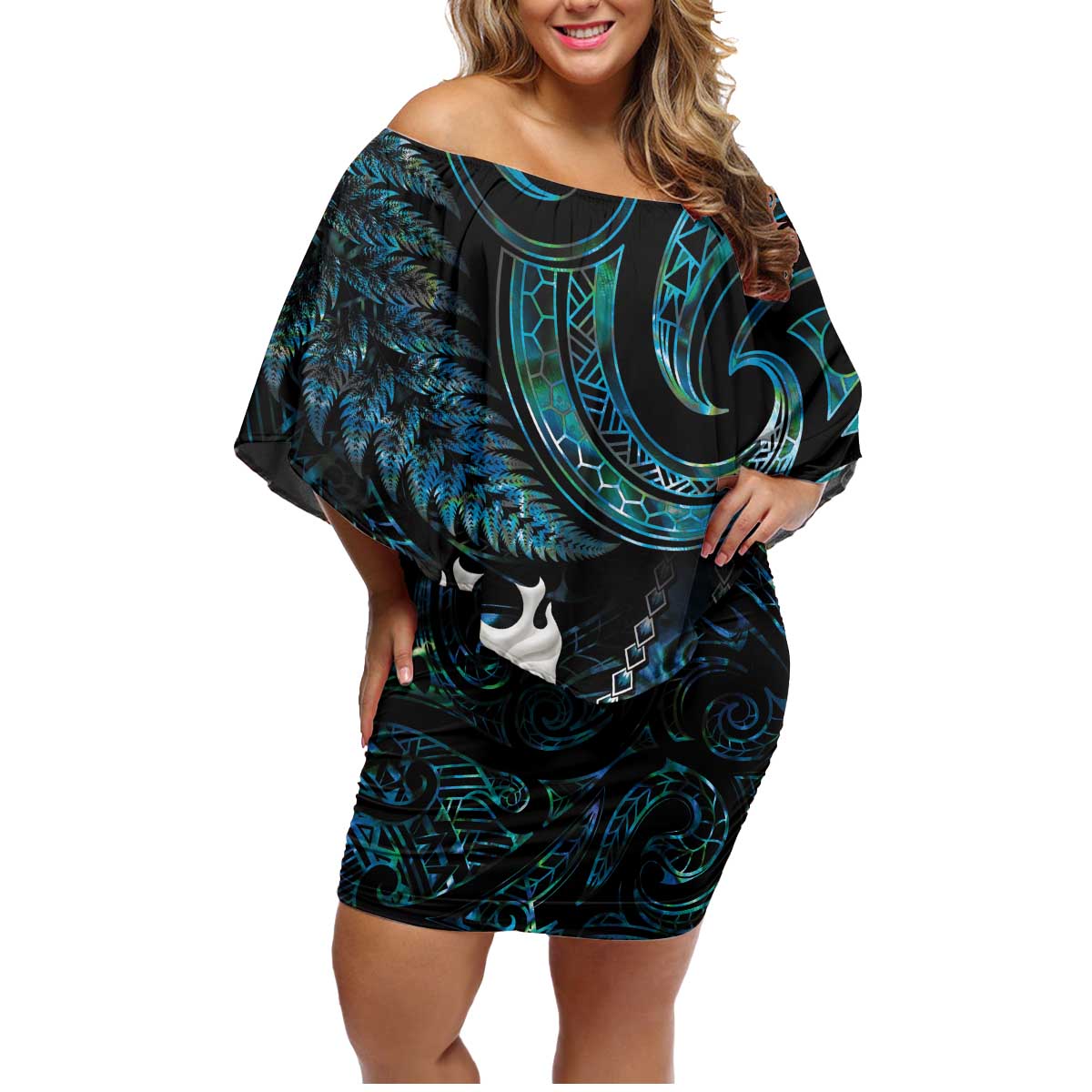 New Zealand Aotearoa Family Matching Off Shoulder Short Dress and Hawaiian Shirt Maori Tane Te Waiora Paua Shell Glitter Turquoise