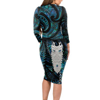New Zealand Aotearoa Long Sleeve Bodycon Dress Maori Tane Te Waiora Paua Shell Glitter Turquoise LT05 - Polynesian Pride