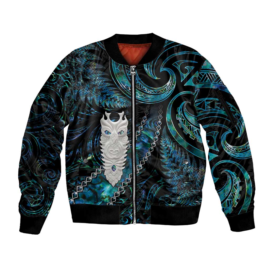 New Zealand Aotearoa Sleeve Zip Bomber Jacket Maori Tane Te Waiora Paua Shell Glitter Turquoise