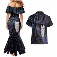 New Zealand Aotearoa Couples Matching Mermaid Dress and Hawaiian Shirt Maori Tane Te Waiora Paua Shell Glitter Purple LT05 - Polynesian Pride