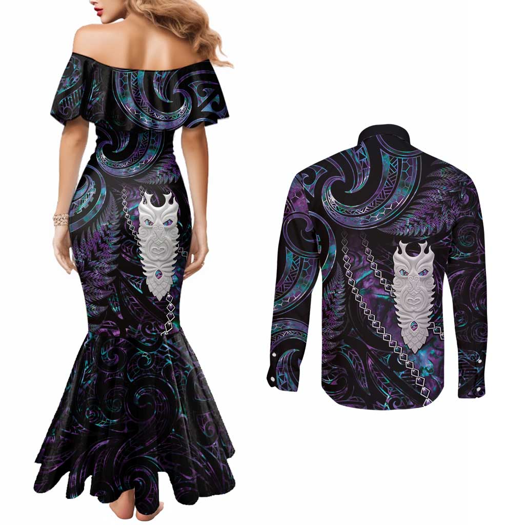 New Zealand Aotearoa Couples Matching Mermaid Dress and Long Sleeve Button Shirt Maori Tane Te Waiora Paua Shell Glitter Purple LT05 - Polynesian Pride