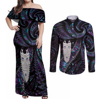 New Zealand Aotearoa Couples Matching Off Shoulder Maxi Dress and Long Sleeve Button Shirt Maori Tane Te Waiora Paua Shell Glitter Purple LT05 Purple - Polynesian Pride