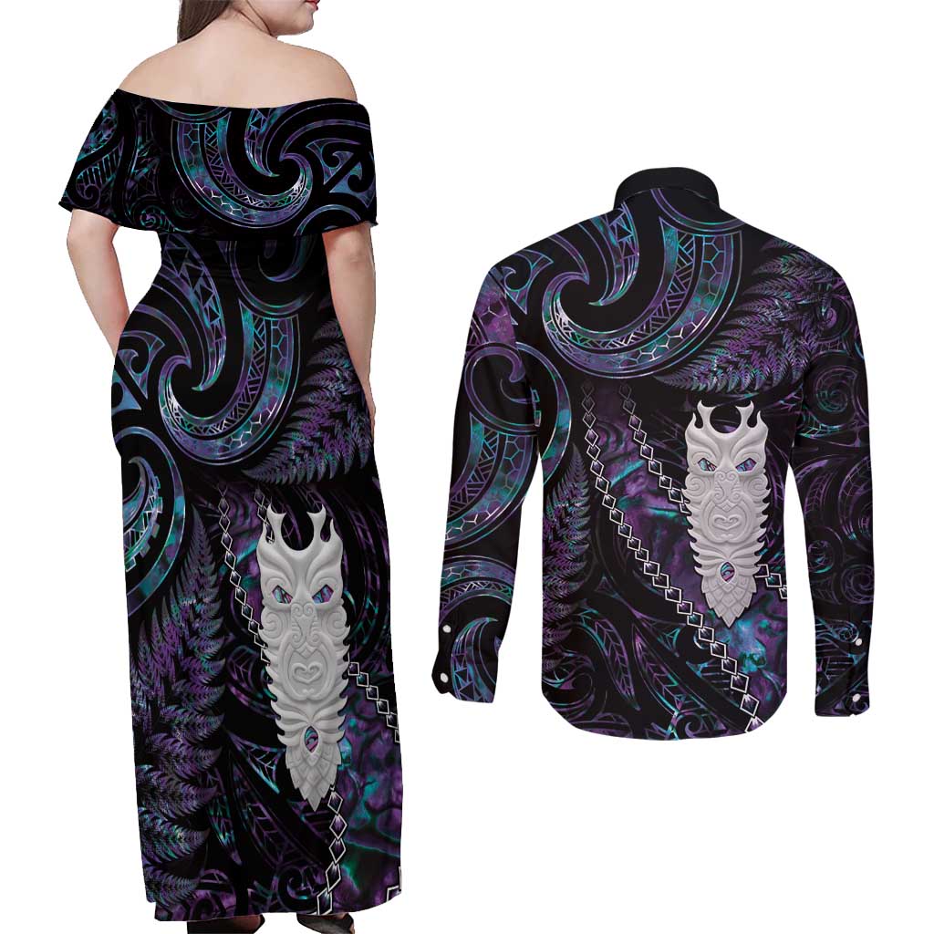 New Zealand Aotearoa Couples Matching Off Shoulder Maxi Dress and Long Sleeve Button Shirt Maori Tane Te Waiora Paua Shell Glitter Purple LT05 - Polynesian Pride