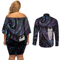 New Zealand Aotearoa Couples Matching Off Shoulder Short Dress and Long Sleeve Button Shirt Maori Tane Te Waiora Paua Shell Glitter Purple LT05 - Polynesian Pride