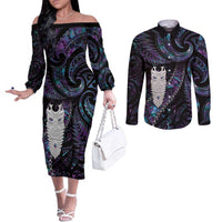 New Zealand Aotearoa Couples Matching Off The Shoulder Long Sleeve Dress and Long Sleeve Button Shirt Maori Tane Te Waiora Paua Shell Glitter Purple LT05 Purple - Polynesian Pride