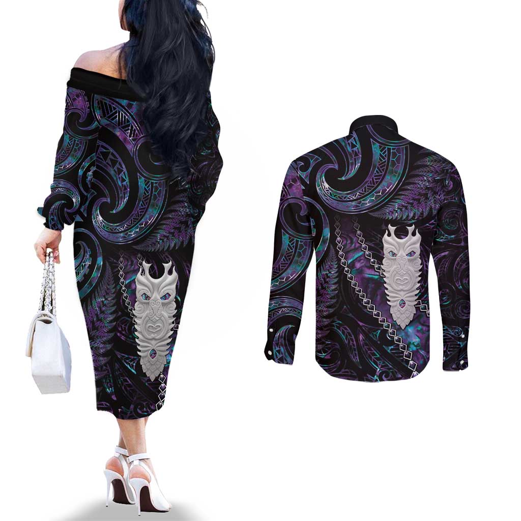 New Zealand Aotearoa Couples Matching Off The Shoulder Long Sleeve Dress and Long Sleeve Button Shirt Maori Tane Te Waiora Paua Shell Glitter Purple LT05 - Polynesian Pride