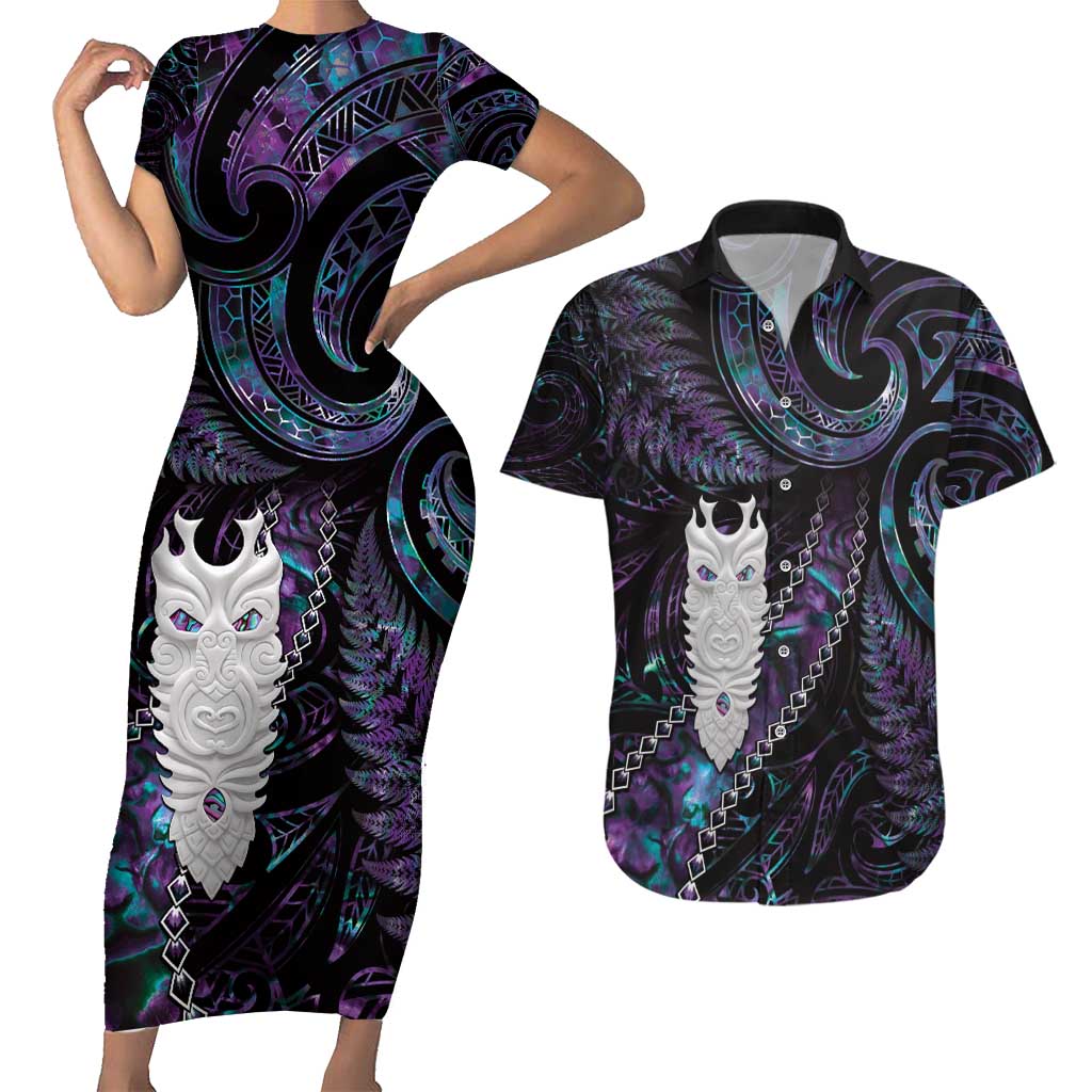 New Zealand Aotearoa Couples Matching Short Sleeve Bodycon Dress and Hawaiian Shirt Maori Tane Te Waiora Paua Shell Glitter Purple