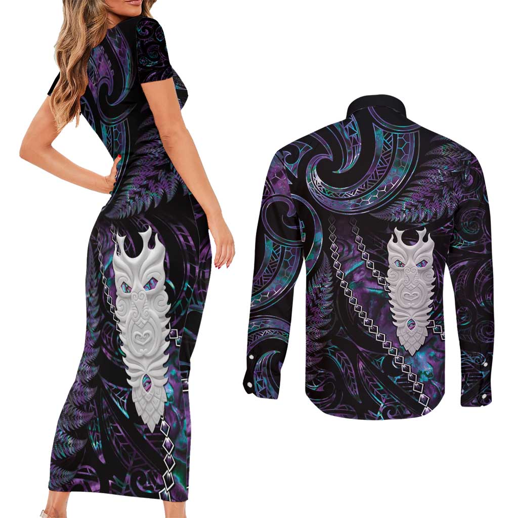 New Zealand Aotearoa Couples Matching Short Sleeve Bodycon Dress and Long Sleeve Button Shirt Maori Tane Te Waiora Paua Shell Glitter Purple LT05 - Polynesian Pride
