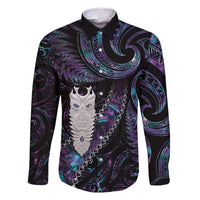 New Zealand Aotearoa Family Matching Long Sleeve Bodycon Dress and Hawaiian Shirt Maori Tane Te Waiora Paua Shell Glitter Purple LT05 Dad's Shirt - Long Sleeve Purple - Polynesian Pride
