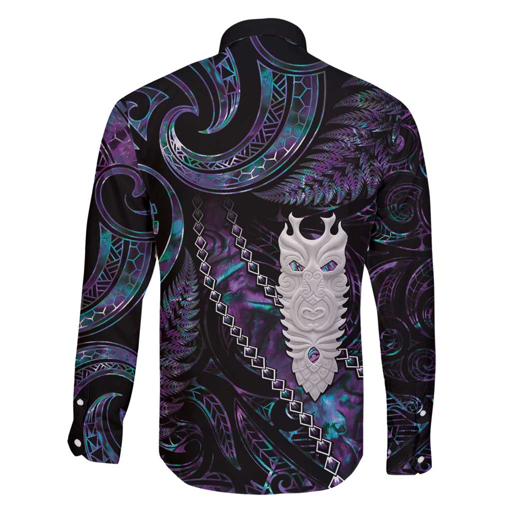 New Zealand Aotearoa Family Matching Long Sleeve Bodycon Dress and Hawaiian Shirt Maori Tane Te Waiora Paua Shell Glitter Purple LT05 - Polynesian Pride