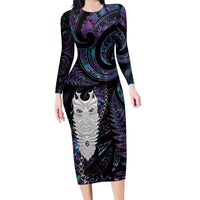 New Zealand Aotearoa Family Matching Long Sleeve Bodycon Dress and Hawaiian Shirt Maori Tane Te Waiora Paua Shell Glitter Purple LT05 Mom's Dress Purple - Polynesian Pride
