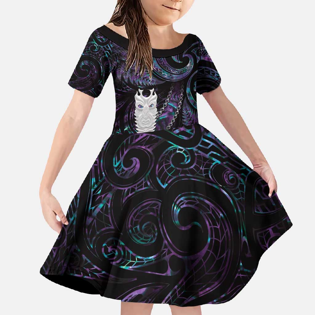 New Zealand Aotearoa Family Matching Mermaid Dress and Hawaiian Shirt Maori Tane Te Waiora Paua Shell Glitter Purple LT05 Daughter's Dress Purple - Polynesian Pride