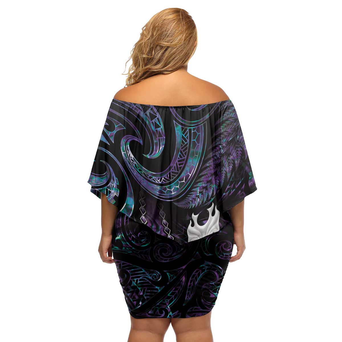 New Zealand Aotearoa Family Matching Off Shoulder Short Dress and Hawaiian Shirt Maori Tane Te Waiora Paua Shell Glitter Purple