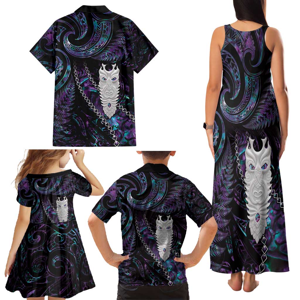 New Zealand Aotearoa Family Matching Tank Maxi Dress and Hawaiian Shirt Maori Tane Te Waiora Paua Shell Glitter Purple