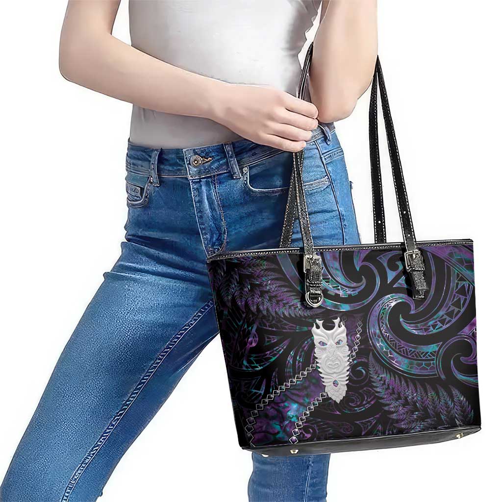 New Zealand Aotearoa Leather Tote Bag Maori Tane Te Waiora Paua Shell Glitter Purple
