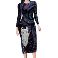 New Zealand Aotearoa Long Sleeve Bodycon Dress Maori Tane Te Waiora Paua Shell Glitter Purple LT05 Long Dress Purple - Polynesian Pride