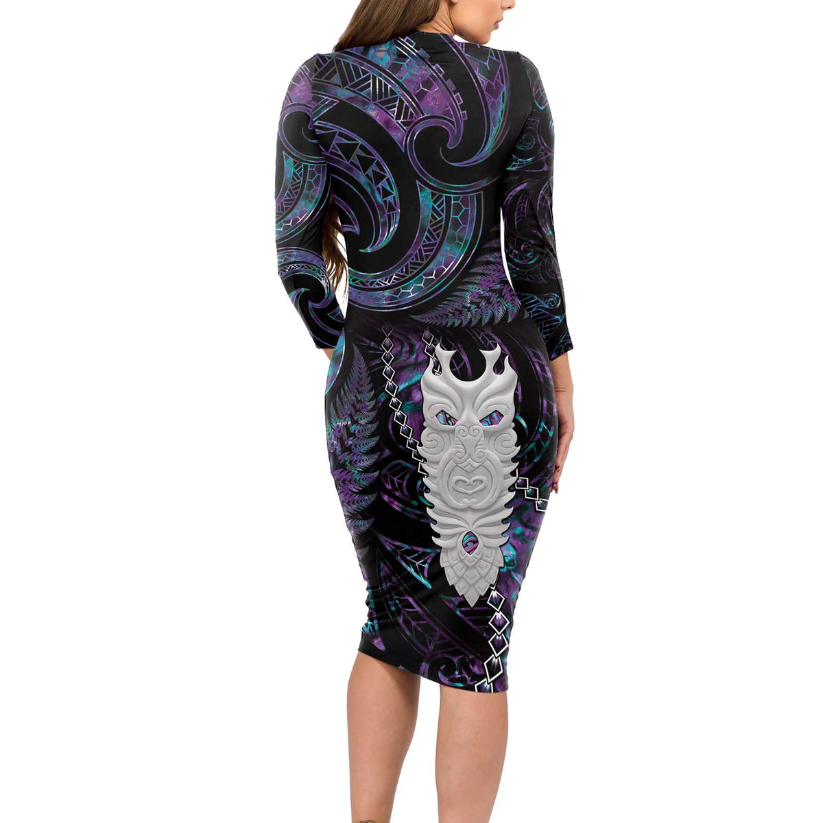 New Zealand Aotearoa Long Sleeve Bodycon Dress Maori Tane Te Waiora Paua Shell Glitter Purple LT05 - Polynesian Pride