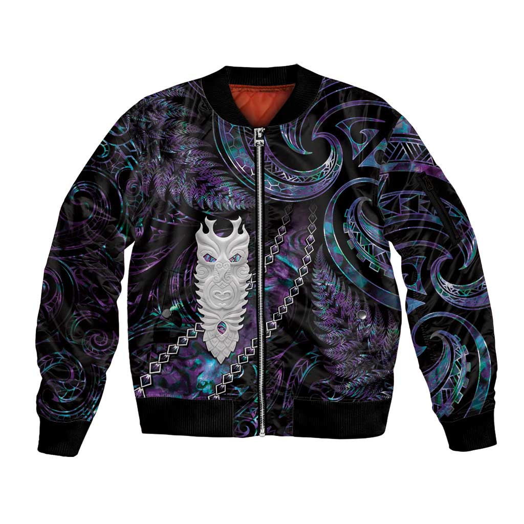 New Zealand Aotearoa Sleeve Zip Bomber Jacket Maori Tane Te Waiora Paua Shell Glitter Purple LT05 Unisex Purple - Polynesian Pride