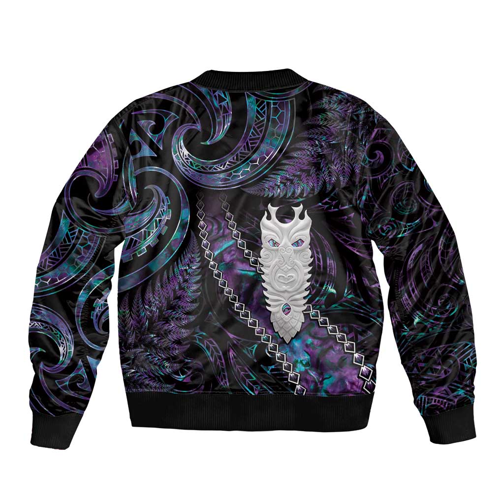 New Zealand Aotearoa Sleeve Zip Bomber Jacket Maori Tane Te Waiora Paua Shell Glitter Purple LT05 - Polynesian Pride