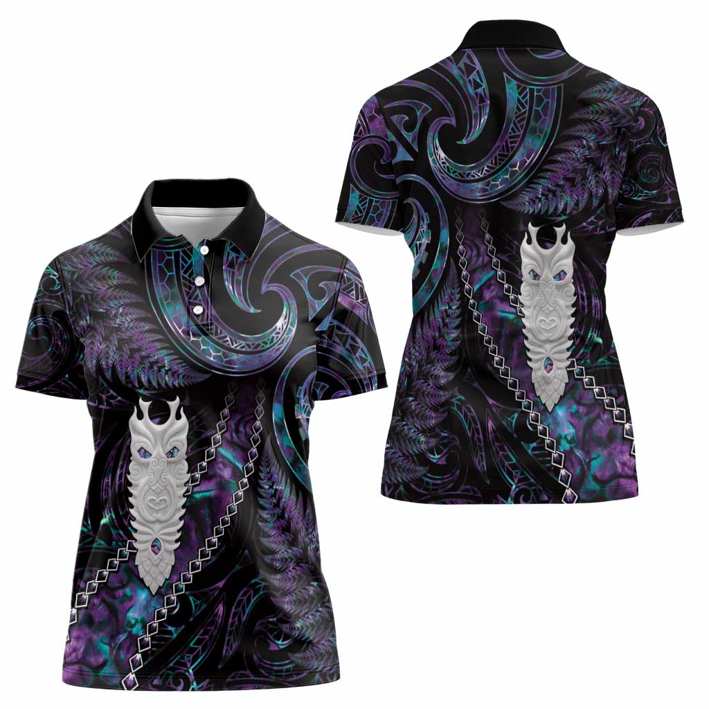 New Zealand Aotearoa Women Polo Shirt Maori Tane Te Waiora Paua Shell Glitter Purple