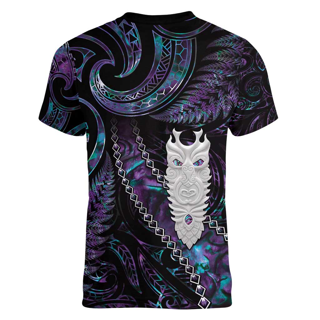 New Zealand Aotearoa Women V-Neck T-Shirt Maori Tane Te Waiora Paua Shell Glitter Purple LT05 - Polynesian Pride