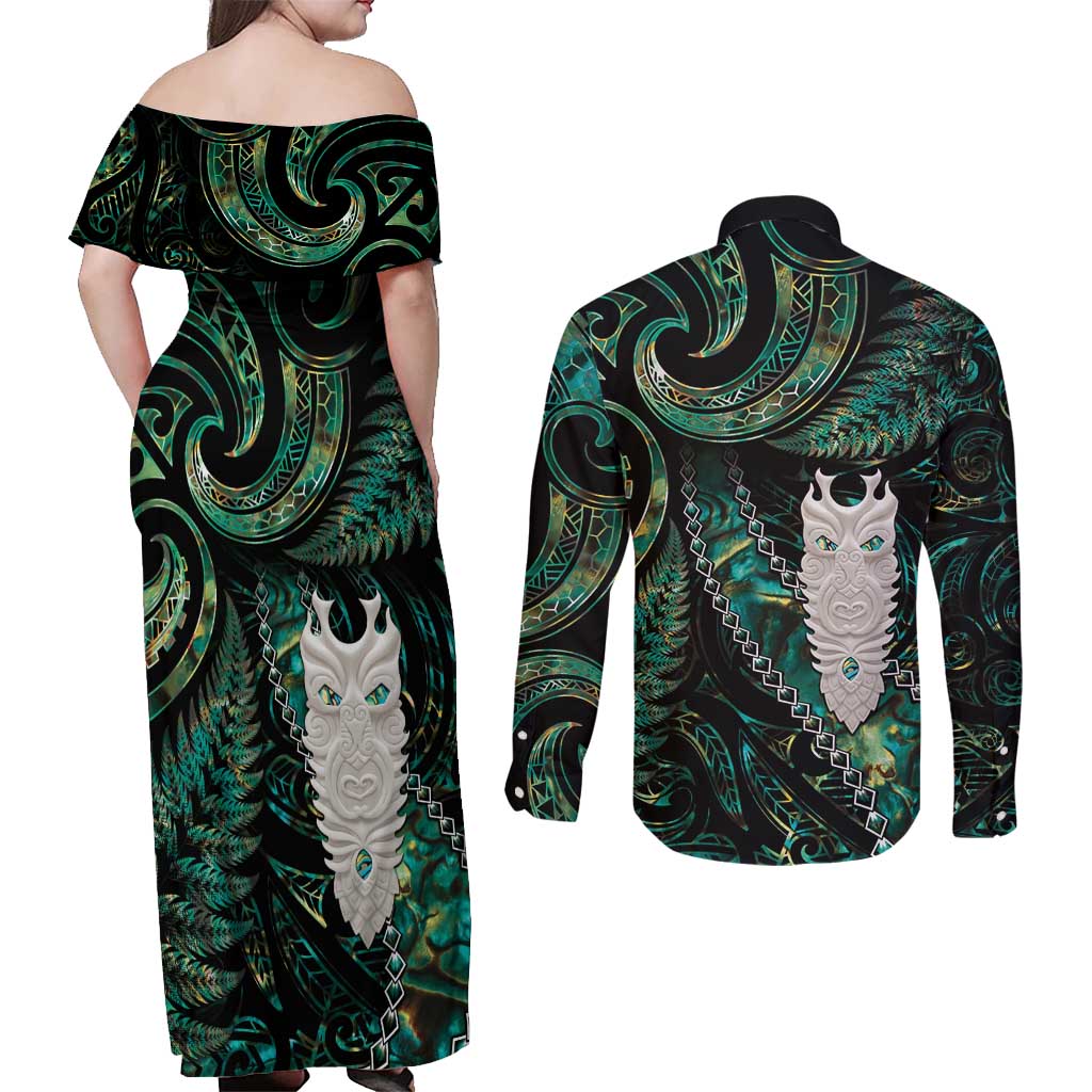 New Zealand Aotearoa Couples Matching Off Shoulder Maxi Dress and Long Sleeve Button Shirt Maori Tane Te Waiora Paua Shell Glitter Green LT05 - Polynesian Pride