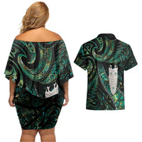 New Zealand Aotearoa Couples Matching Off Shoulder Short Dress and Hawaiian Shirt Maori Tane Te Waiora Paua Shell Glitter Green LT05 - Polynesian Pride
