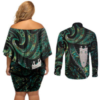 New Zealand Aotearoa Couples Matching Off Shoulder Short Dress and Long Sleeve Button Shirt Maori Tane Te Waiora Paua Shell Glitter Green LT05 - Polynesian Pride