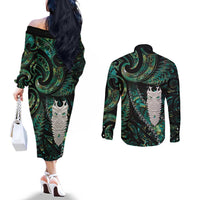 New Zealand Aotearoa Couples Matching Off The Shoulder Long Sleeve Dress and Long Sleeve Button Shirt Maori Tane Te Waiora Paua Shell Glitter Green LT05 - Polynesian Pride