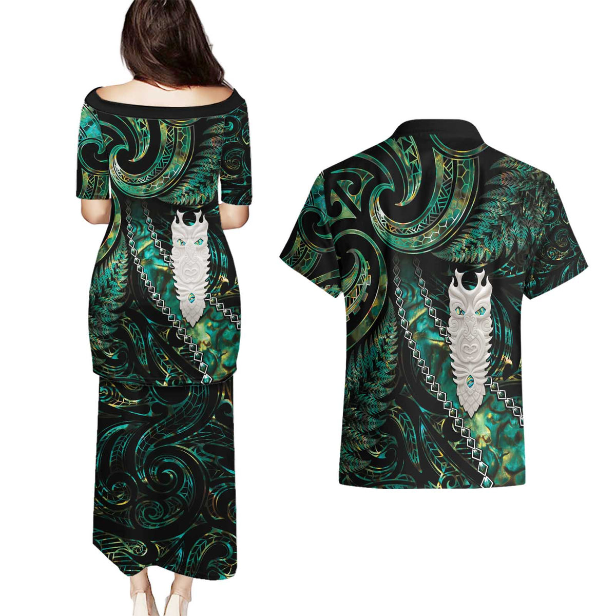New Zealand Aotearoa Couples Matching Puletasi and Hawaiian Shirt Maori Tane Te Waiora Paua Shell Glitter Green LT05 - Polynesian Pride