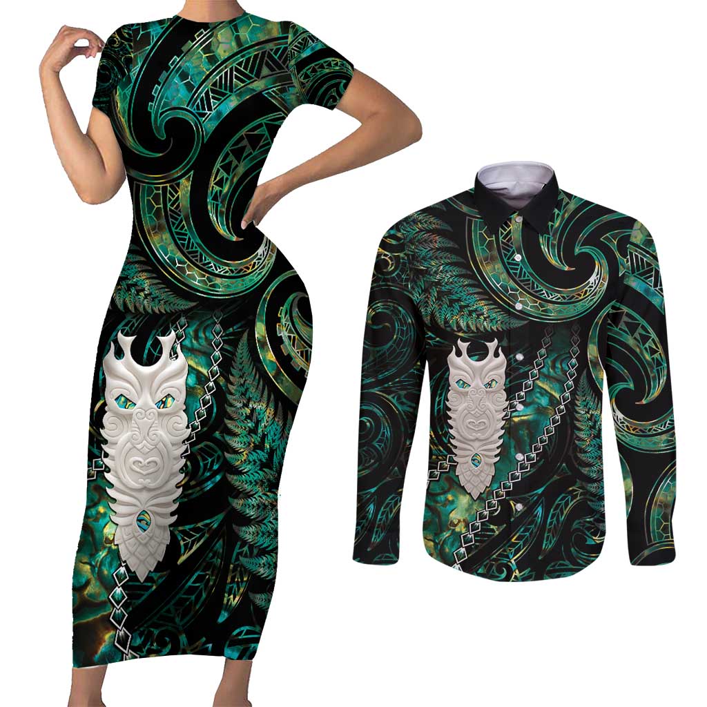 New Zealand Aotearoa Couples Matching Short Sleeve Bodycon Dress and Long Sleeve Button Shirt Maori Tane Te Waiora Paua Shell Glitter Green LT05 Green - Polynesian Pride