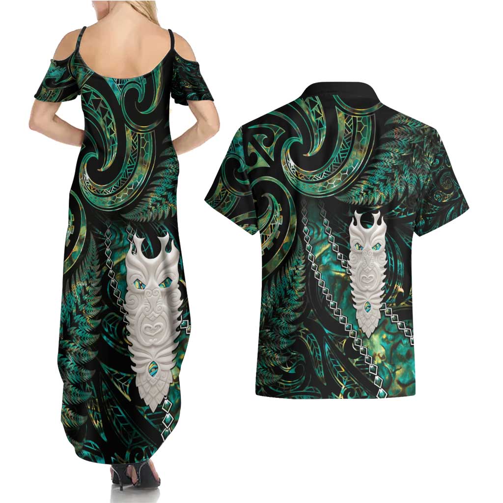 New Zealand Aotearoa Couples Matching Summer Maxi Dress and Hawaiian Shirt Maori Tane Te Waiora Paua Shell Glitter Green LT05 - Polynesian Pride