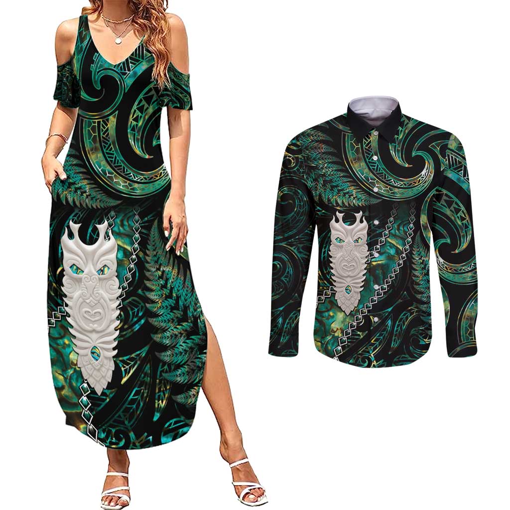 New Zealand Aotearoa Couples Matching Summer Maxi Dress and Long Sleeve Button Shirt Maori Tane Te Waiora Paua Shell Glitter Green LT05 Green - Polynesian Pride