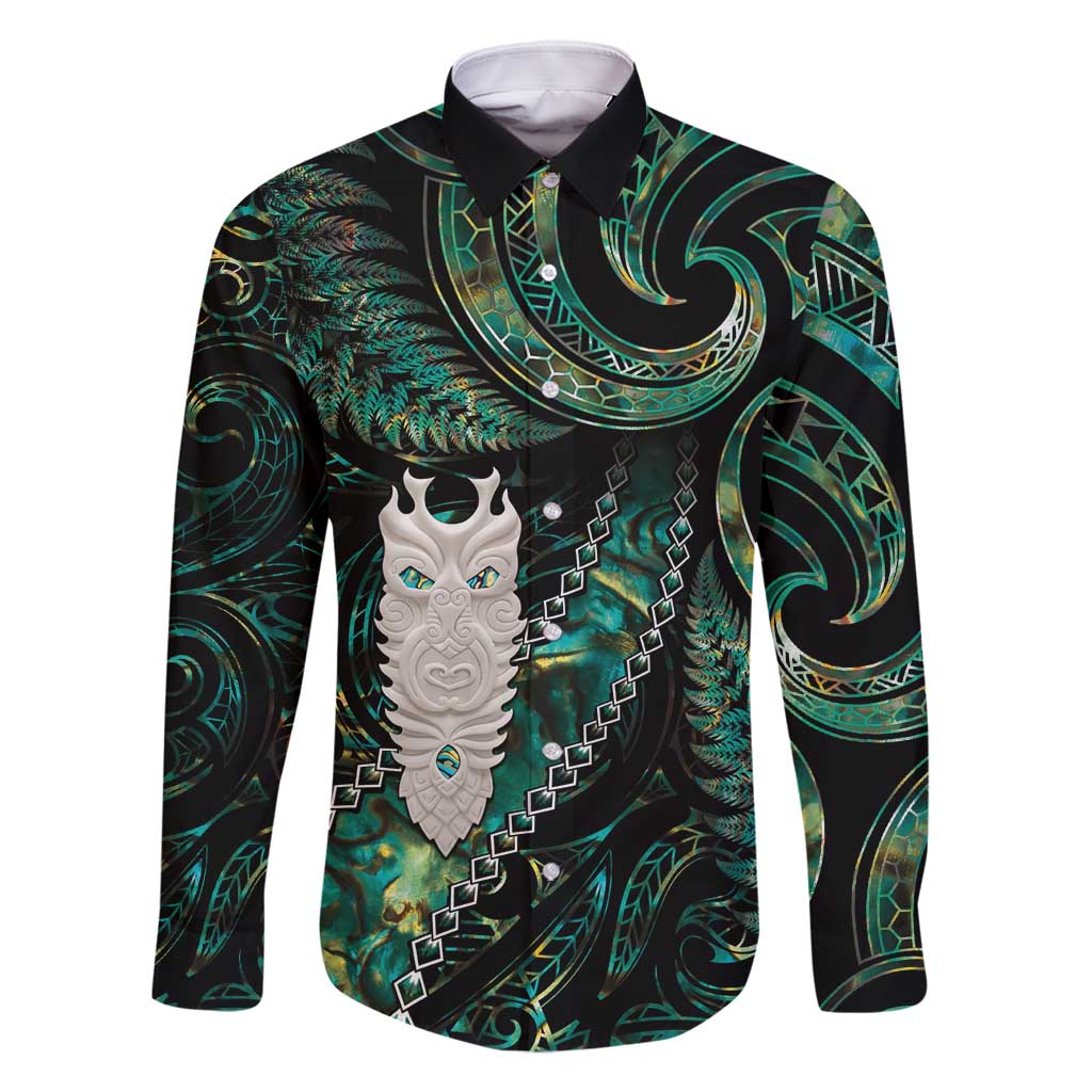 New Zealand Aotearoa Family Matching Long Sleeve Bodycon Dress and Hawaiian Shirt Maori Tane Te Waiora Paua Shell Glitter Green LT05 Dad's Shirt - Long Sleeve Green - Polynesian Pride