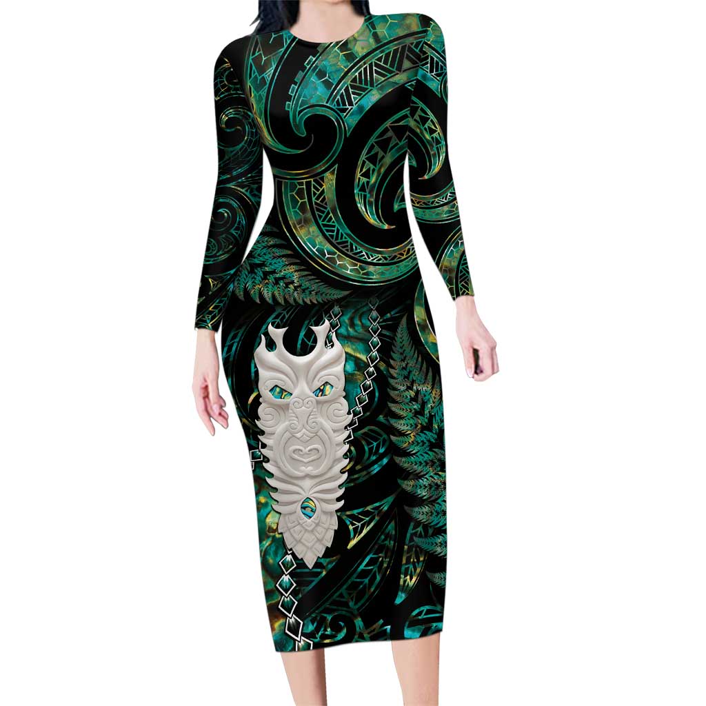 New Zealand Aotearoa Family Matching Long Sleeve Bodycon Dress and Hawaiian Shirt Maori Tane Te Waiora Paua Shell Glitter Green LT05 Mom's Dress Green - Polynesian Pride