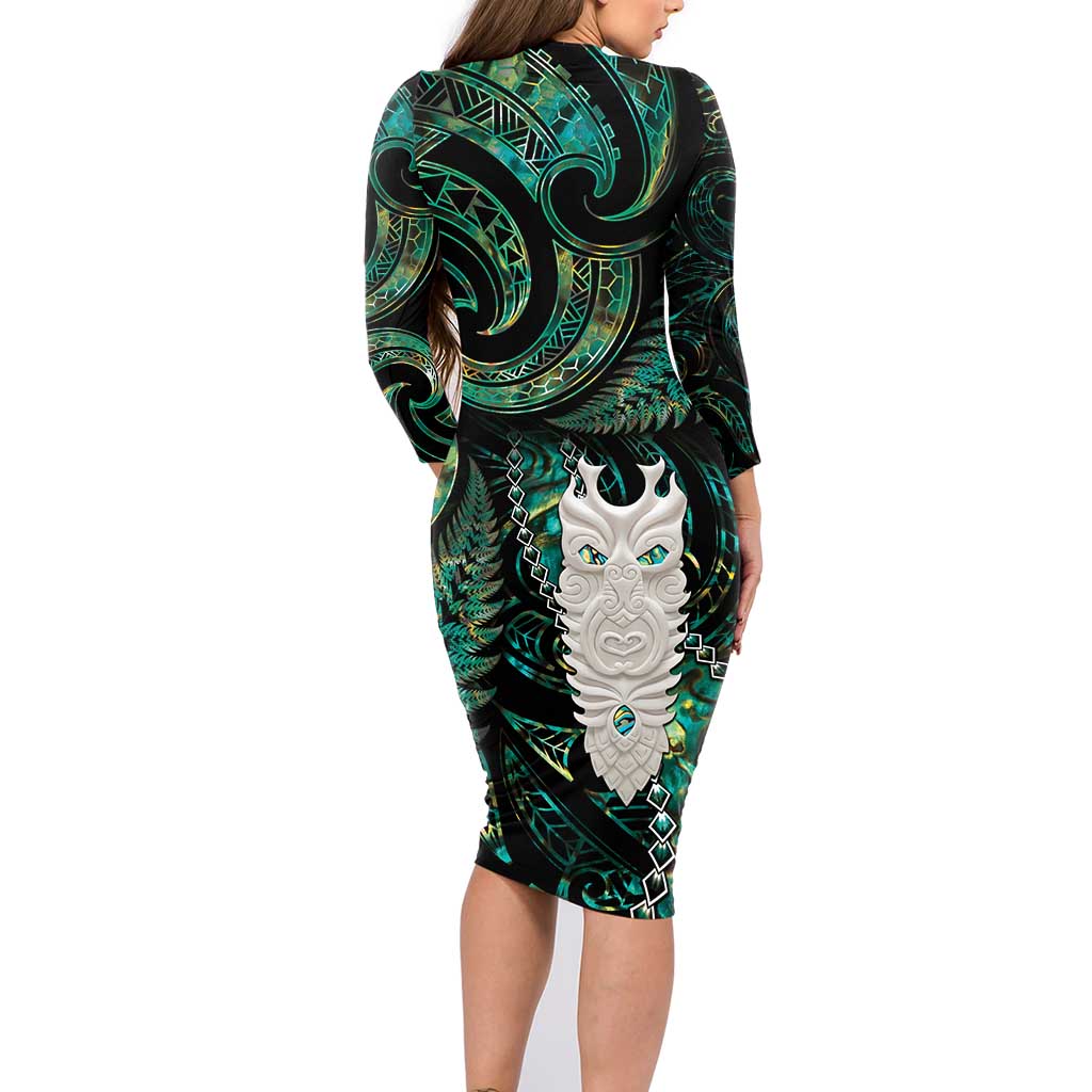 New Zealand Aotearoa Family Matching Long Sleeve Bodycon Dress and Hawaiian Shirt Maori Tane Te Waiora Paua Shell Glitter Green LT05 - Polynesian Pride