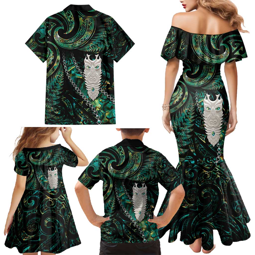 New Zealand Aotearoa Family Matching Mermaid Dress and Hawaiian Shirt Maori Tane Te Waiora Paua Shell Glitter Green LT05 - Polynesian Pride