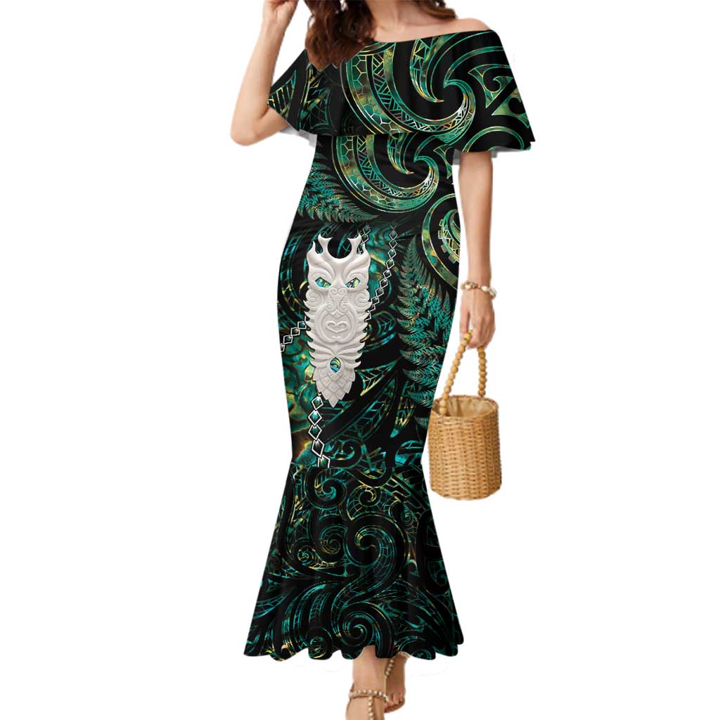 New Zealand Aotearoa Family Matching Mermaid Dress and Hawaiian Shirt Maori Tane Te Waiora Paua Shell Glitter Green LT05 Mom's Dress Green - Polynesian Pride
