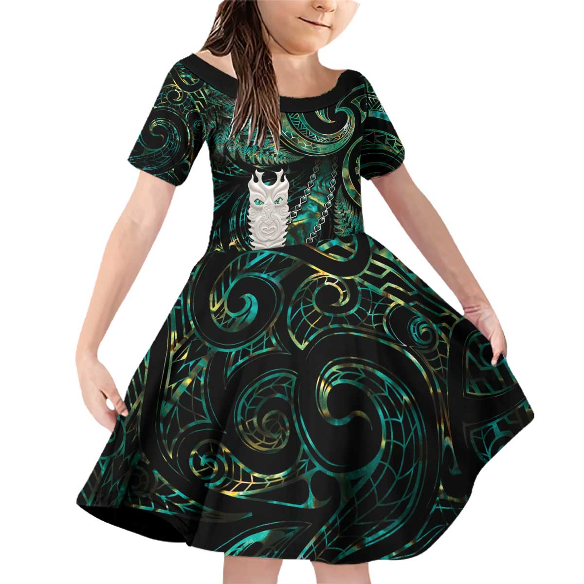 New Zealand Aotearoa Family Matching Off Shoulder Short Dress and Hawaiian Shirt Maori Tane Te Waiora Paua Shell Glitter Green