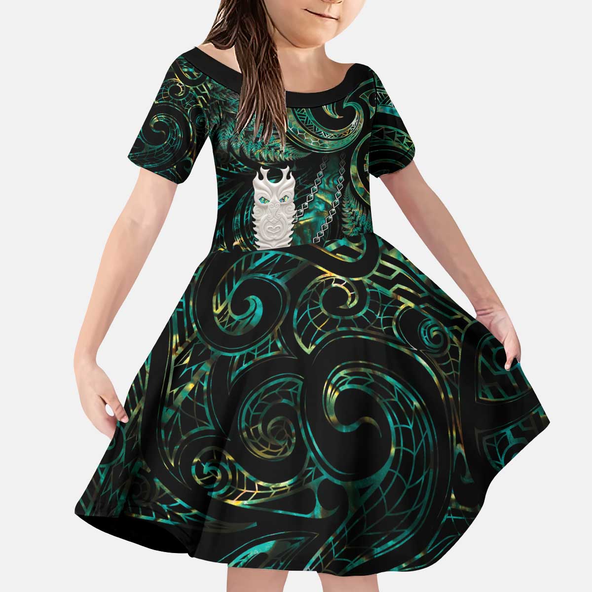New Zealand Aotearoa Family Matching Puletasi and Hawaiian Shirt Maori Tane Te Waiora Paua Shell Glitter Green LT05 Daughter's Dress Green - Polynesian Pride