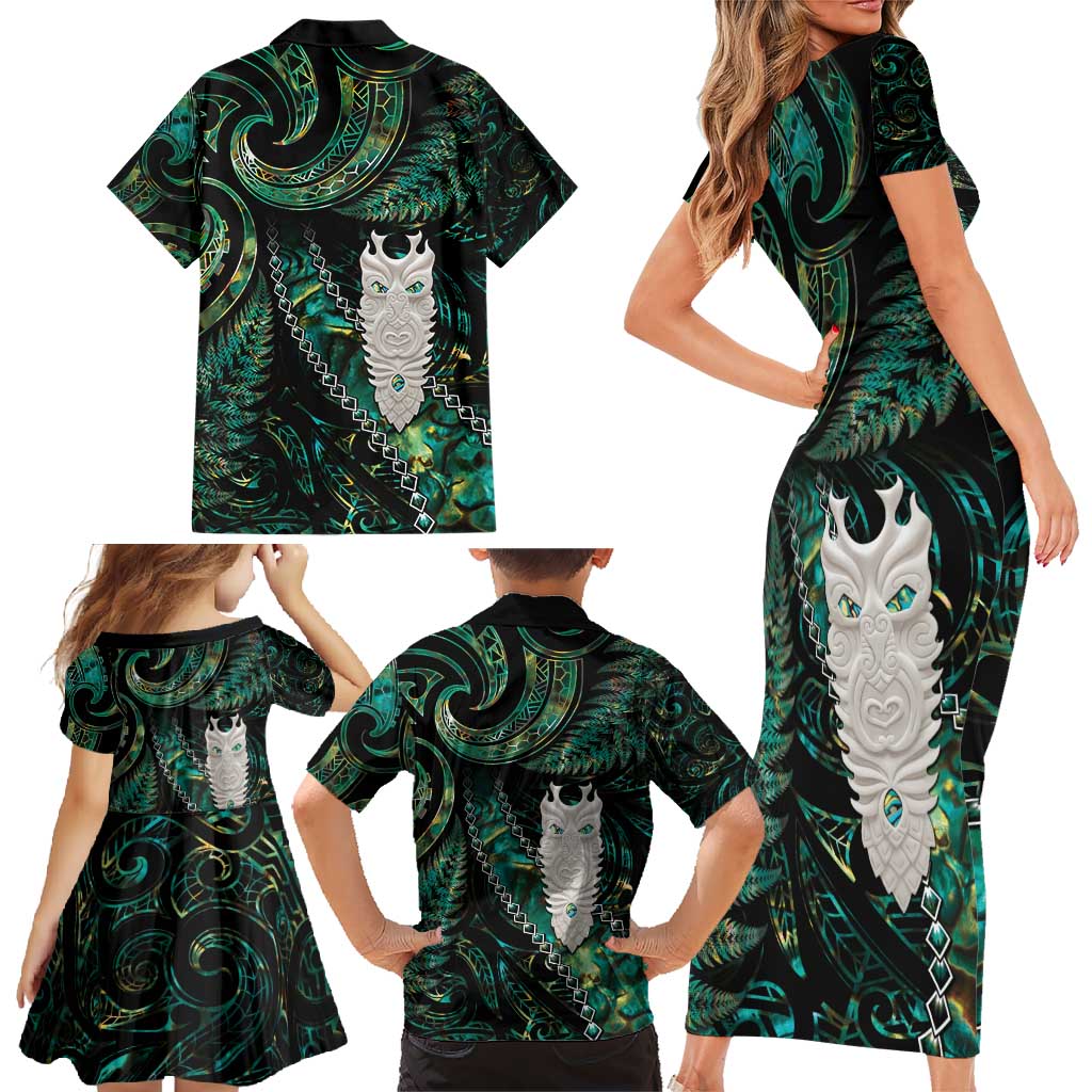 New Zealand Aotearoa Family Matching Short Sleeve Bodycon Dress and Hawaiian Shirt Maori Tane Te Waiora Paua Shell Glitter Green LT05 - Polynesian Pride