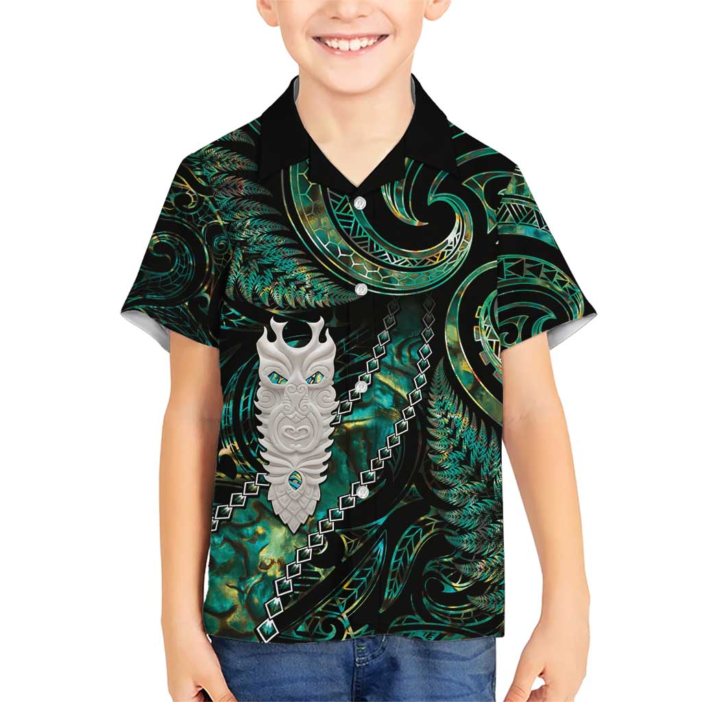 New Zealand Aotearoa Family Matching Short Sleeve Bodycon Dress and Hawaiian Shirt Maori Tane Te Waiora Paua Shell Glitter Green LT05 Son's Shirt Green - Polynesian Pride